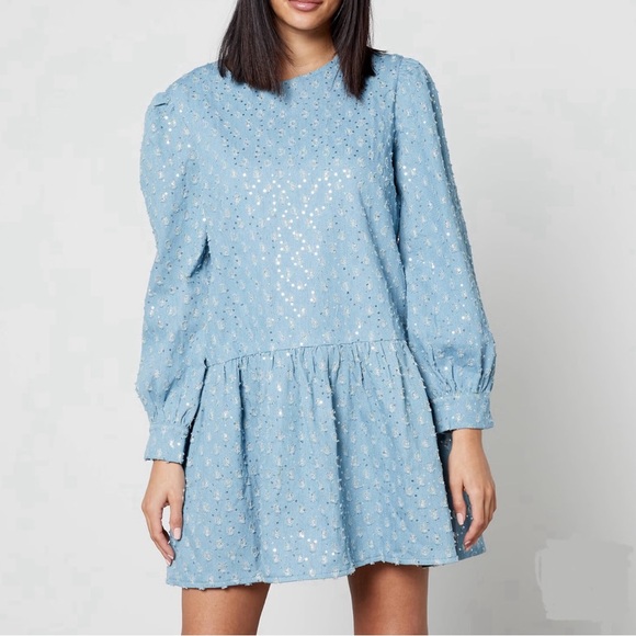 Never Fully Dressed | NWOT - Minnie Distressed Sequin Denim Dress - Size 10 - Picture 2 of 13